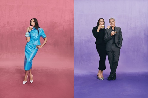 Imagen dividida con Dua Lipa y George Clooney uno junto al otro en la campaña Vertuo World de Nespresso